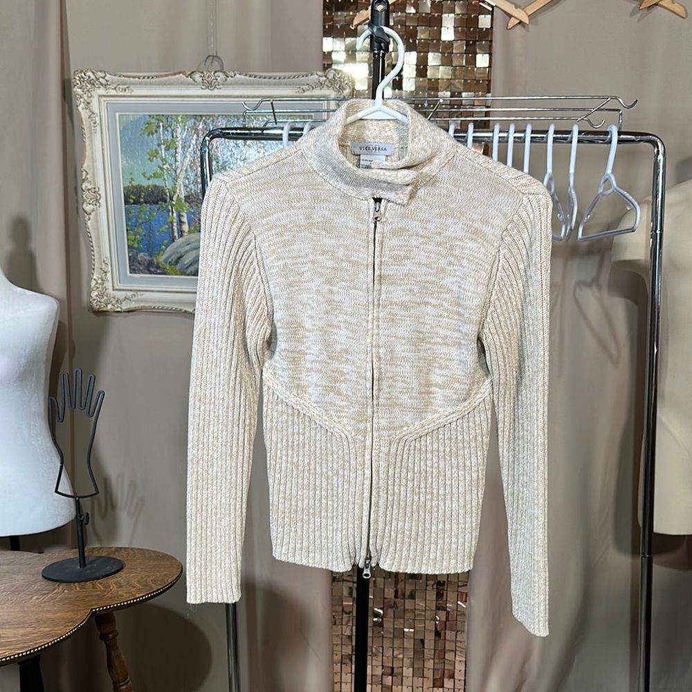 VTG Vice Versa Cream Cowl Neck Double Zip & Snap Sweater with Textured Details
